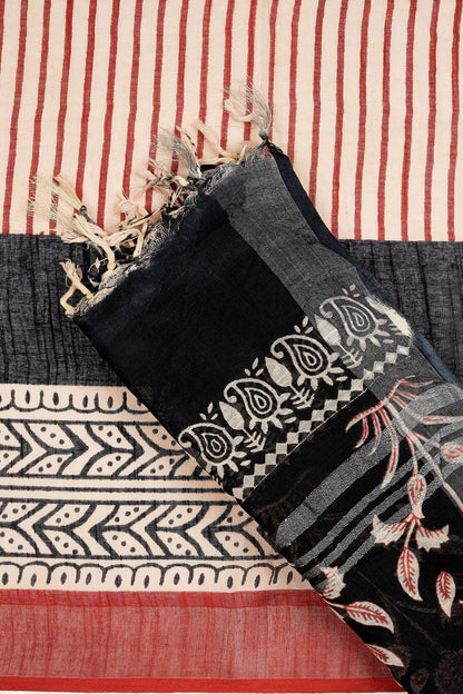 Teejh Maahira Red & Black Hand Blockprint Saree