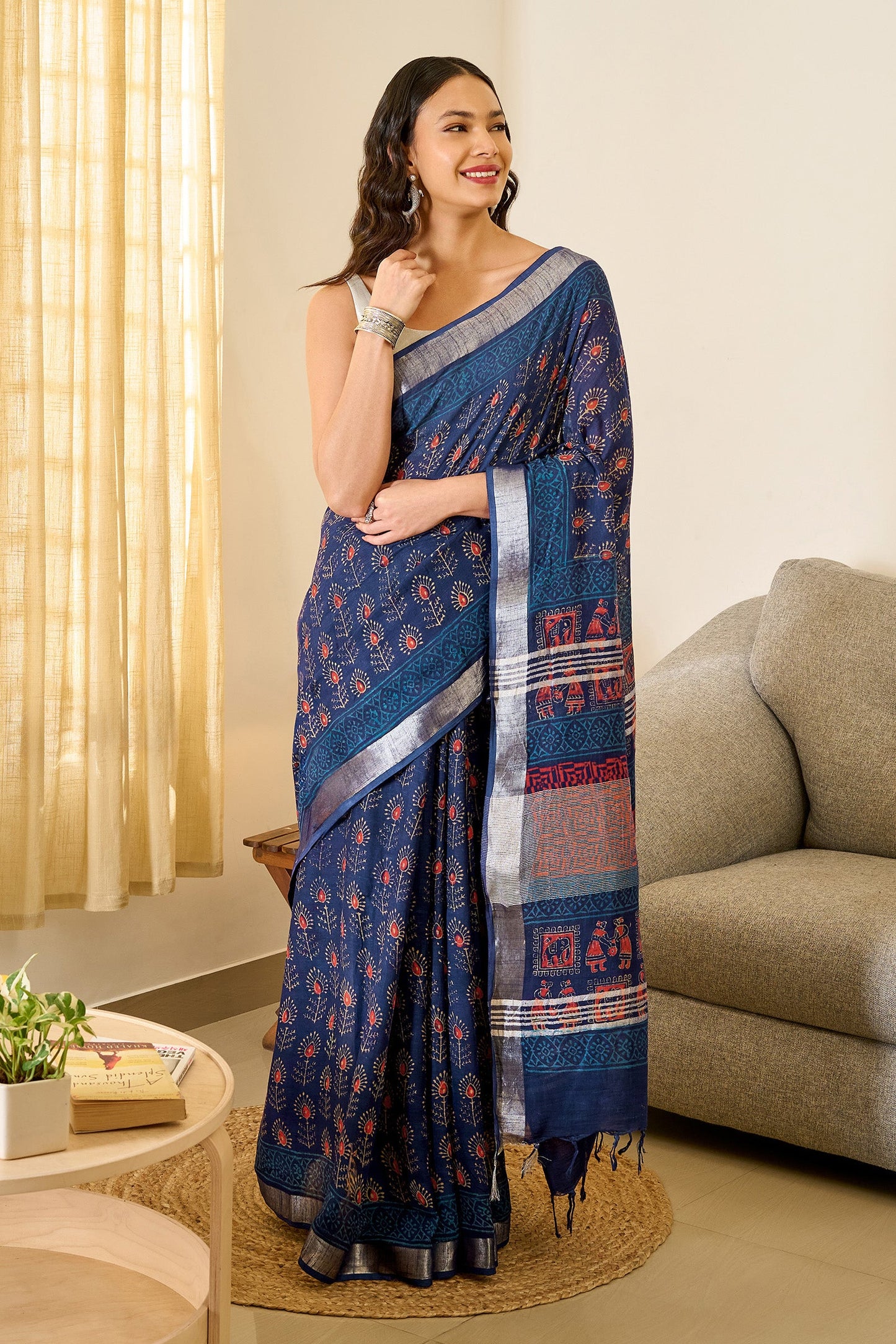 Teejh Ekila Indigo & Red Hand Blockprint Saree