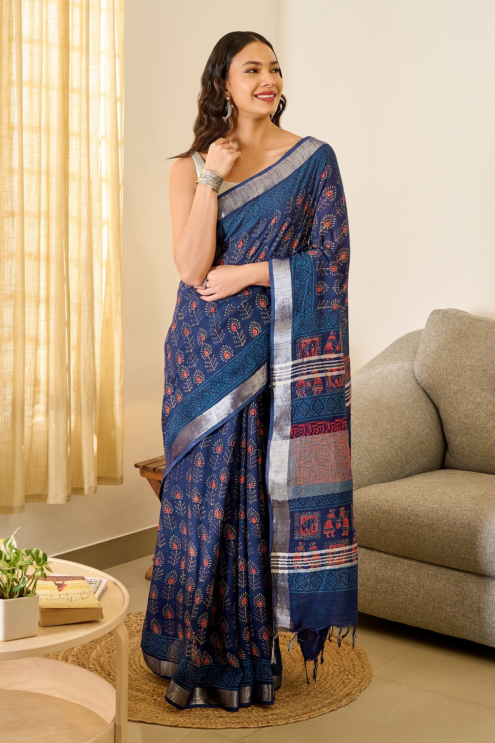 Teejh Ekila Indigo & Red Hand Blockprint Saree