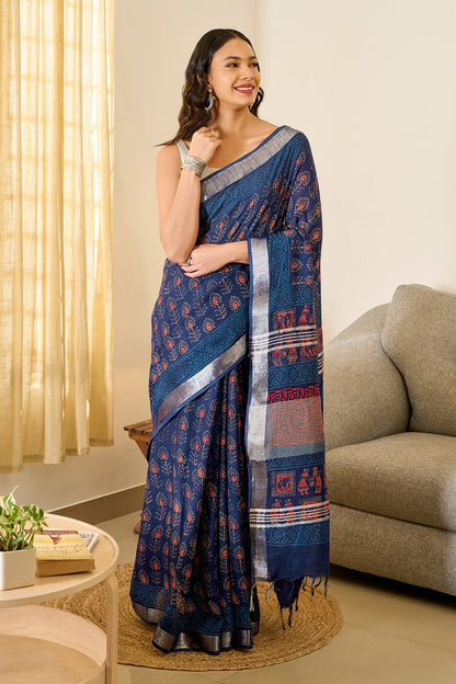 Teejh Ekila Indigo & Red Hand Blockprint Saree