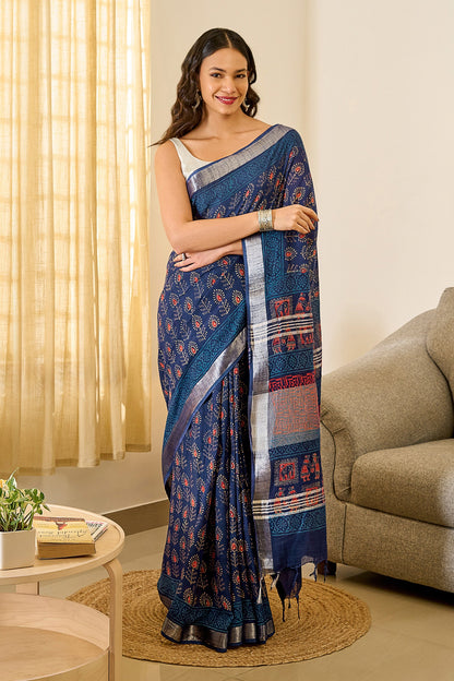 Teejh Ekila Indigo & Red Hand Blockprint Saree