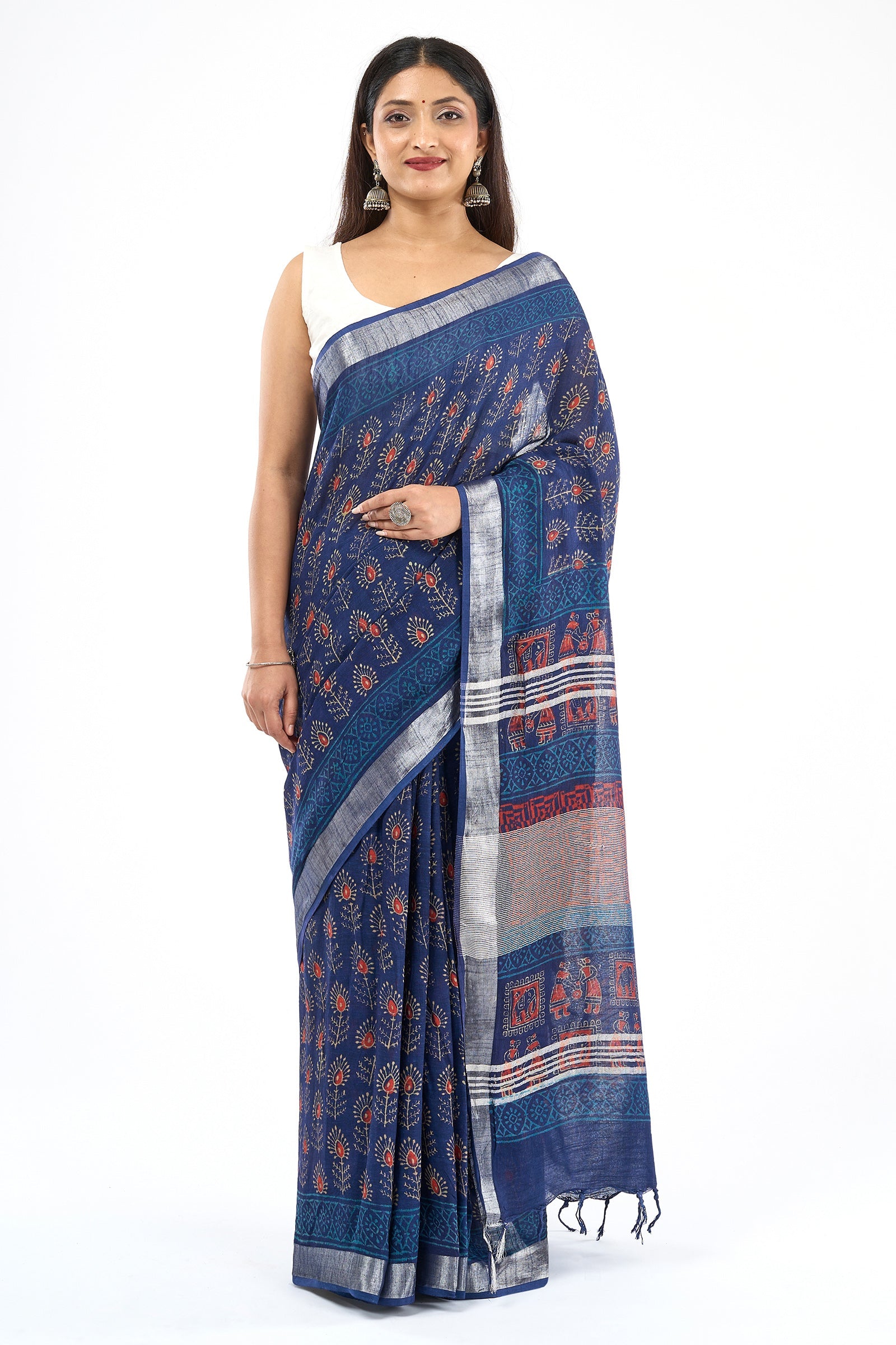 Teejh Ekila Indigo & Red Hand Blockprint Saree