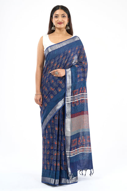 Teejh Ekila Indigo & Red Hand Blockprint Saree