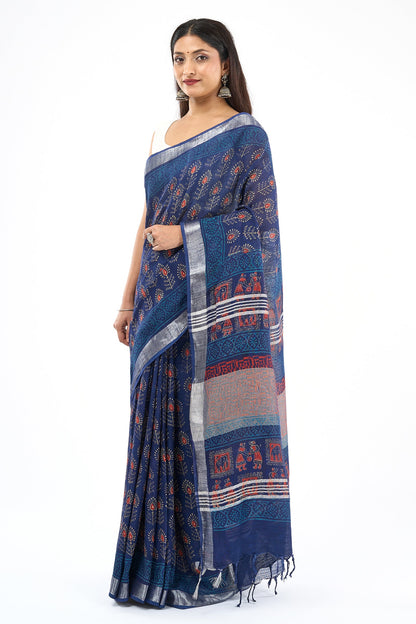 Teejh Ekila Indigo & Red Hand Blockprint Saree
