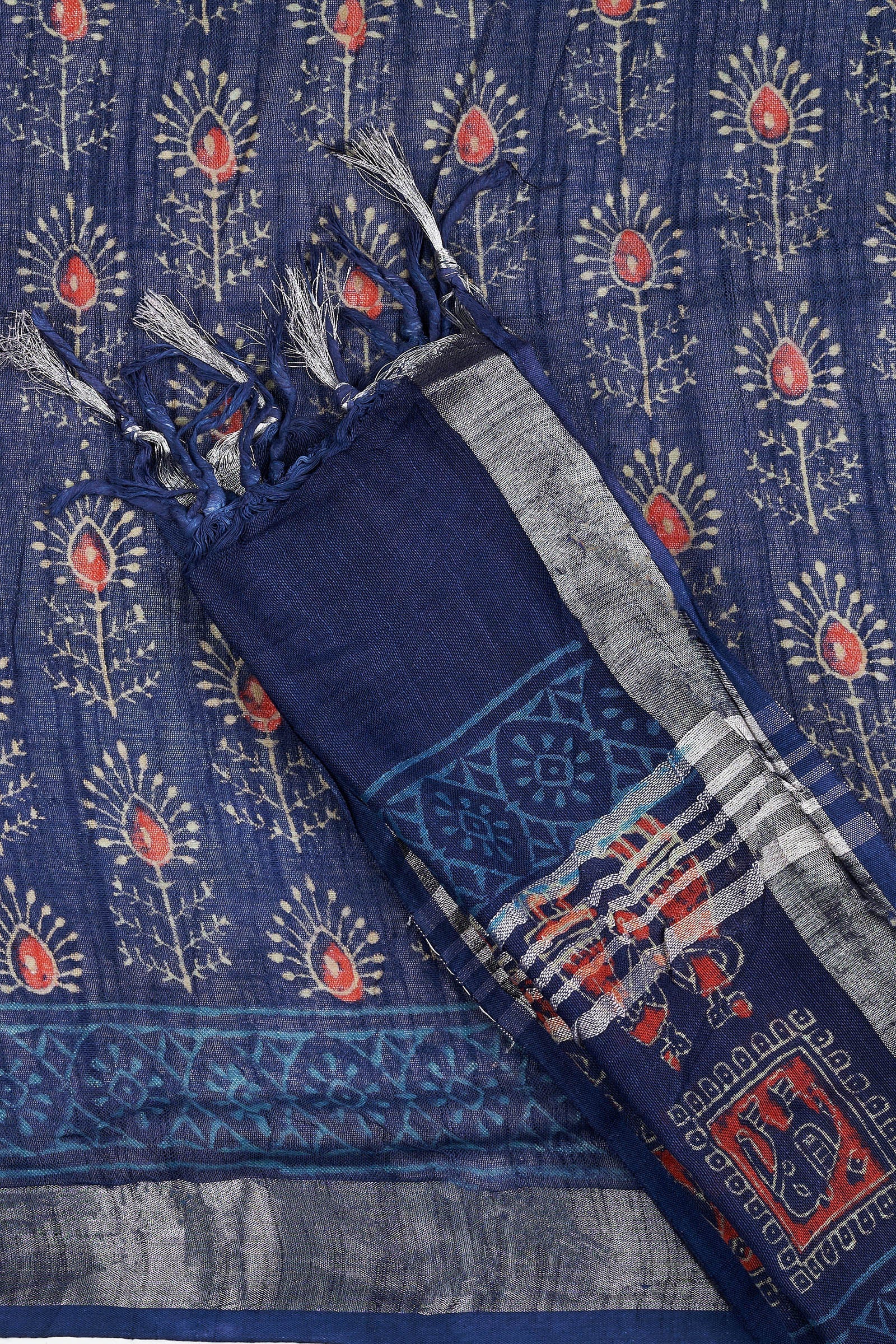 Teejh Ekila Indigo & Red Hand Blockprint Saree