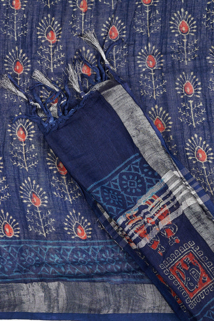 Teejh Ekila Indigo & Red Hand Blockprint Saree