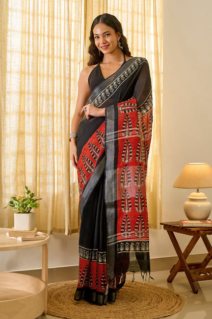 Teejh Rakhina Black & Red Hand Blockprint Saree