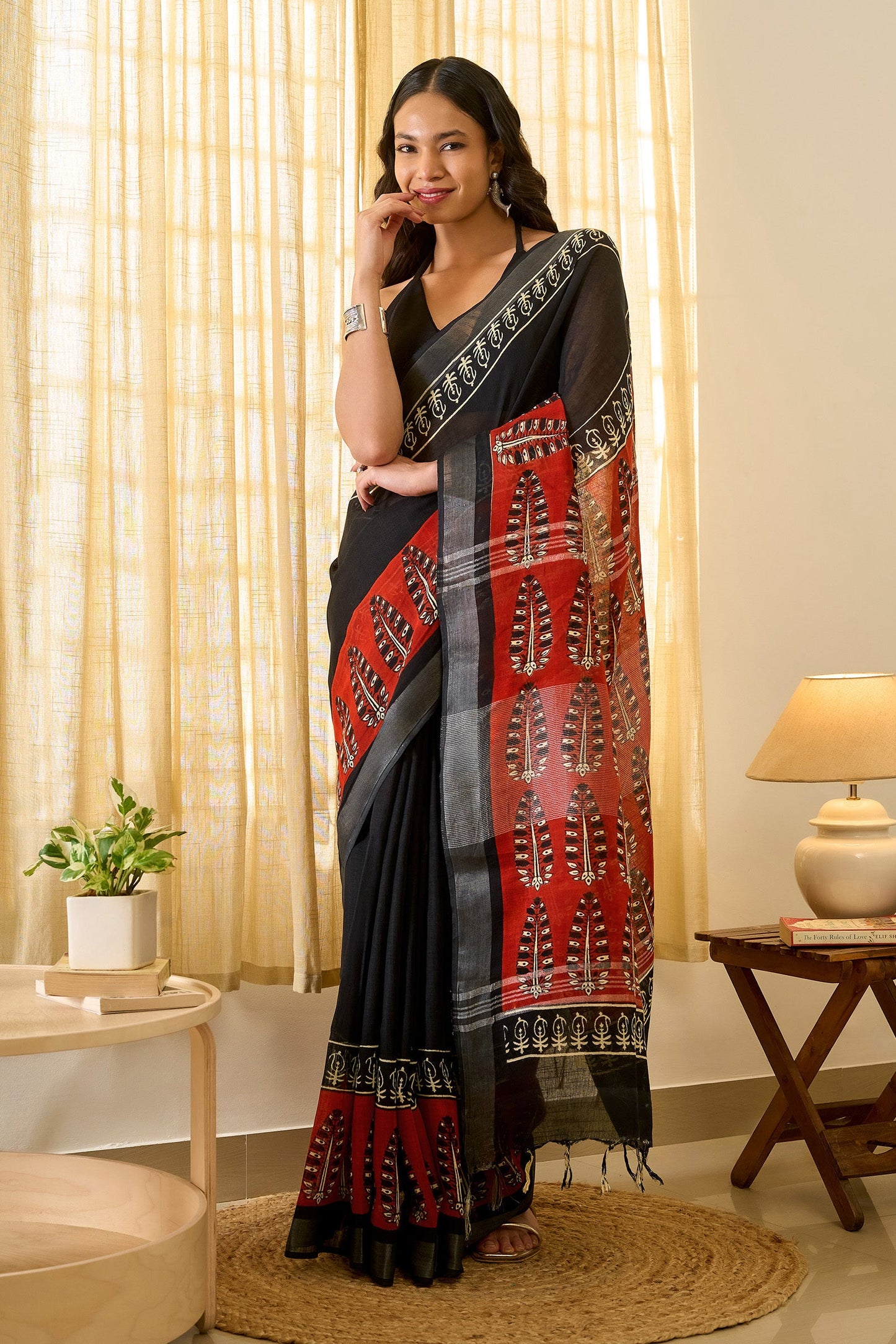 Teejh Rakhina Black & Red Hand Blockprint Saree