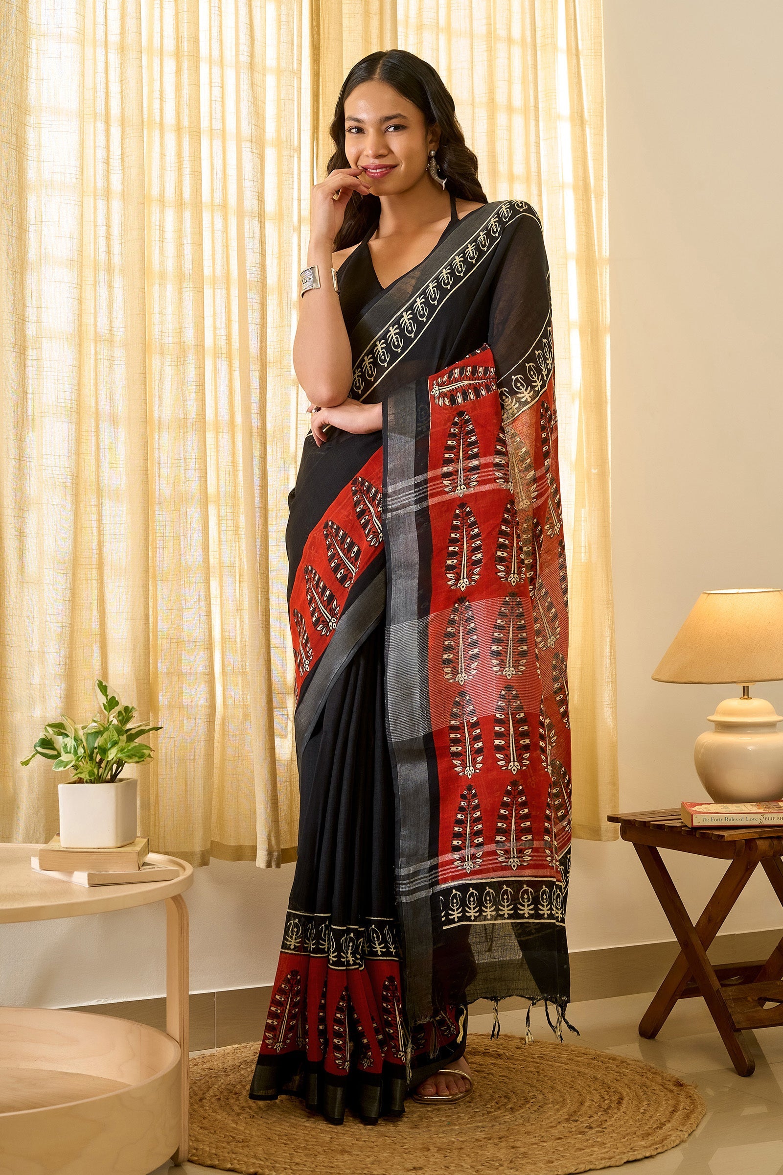 Teejh Rakhina Black & Red Hand Blockprint Saree