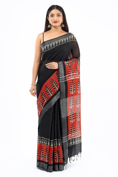 Teejh Rakhina Black & Red Hand Blockprint Saree