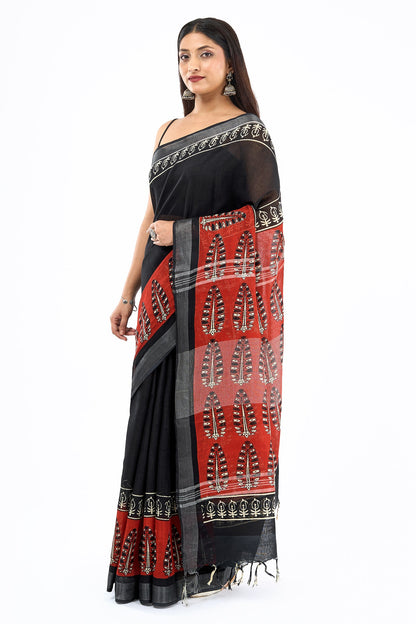 Teejh Rakhina Black & Red Hand Blockprint Saree