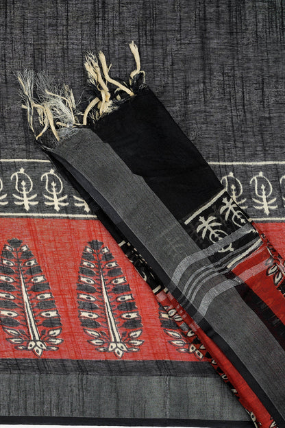 Teejh Rakhina Black & Red Hand Blockprint Saree