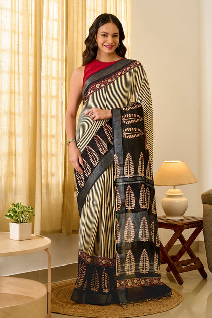 Teejh Mohenyaa Beige & Black Hand Blockprint Saree