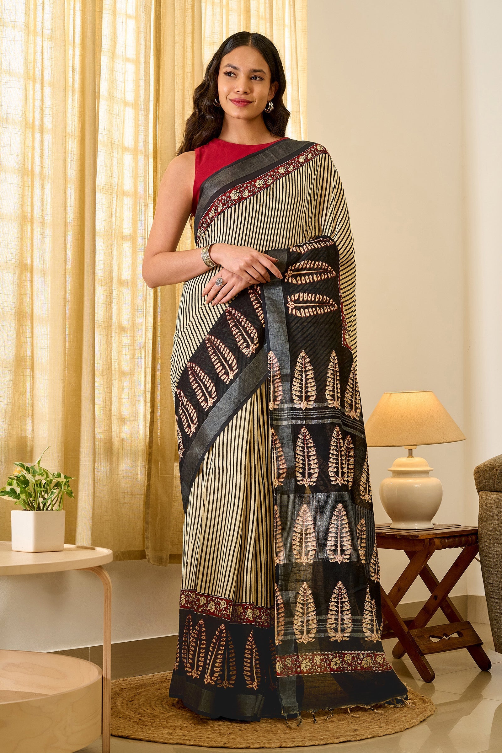 Teejh Mohenyaa Beige & Black Hand Blockprint Saree