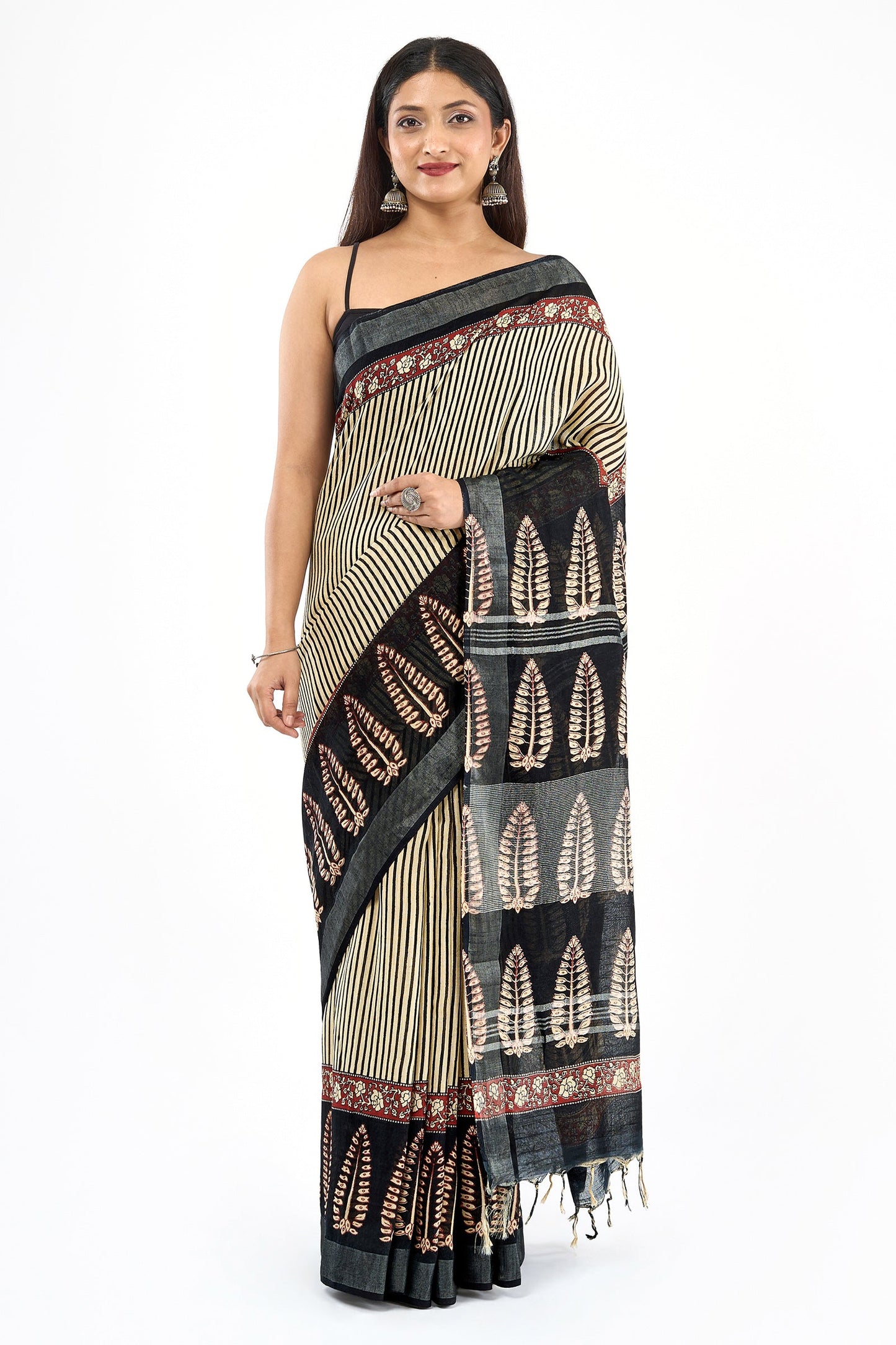 Teejh Mohenyaa Beige & Black Hand Blockprint Saree