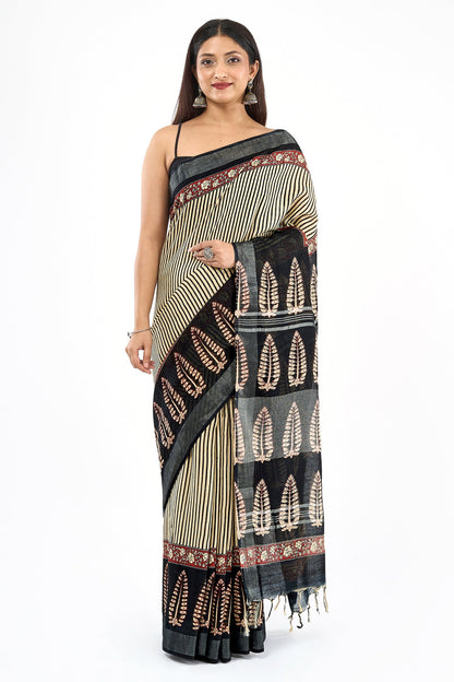 Teejh Mohenyaa Beige & Black Hand Blockprint Saree