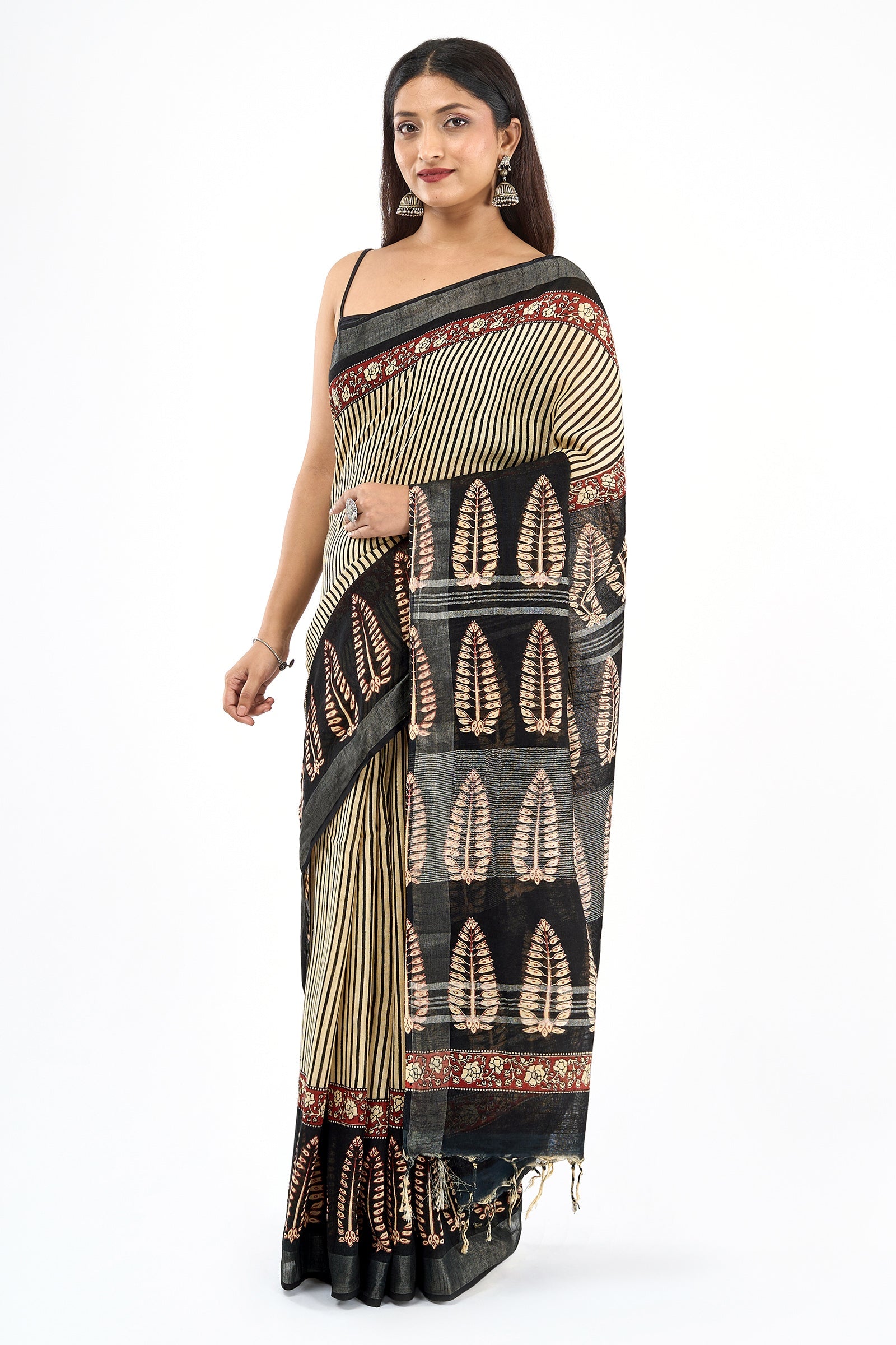Teejh Mohenyaa Beige & Black Hand Blockprint Saree