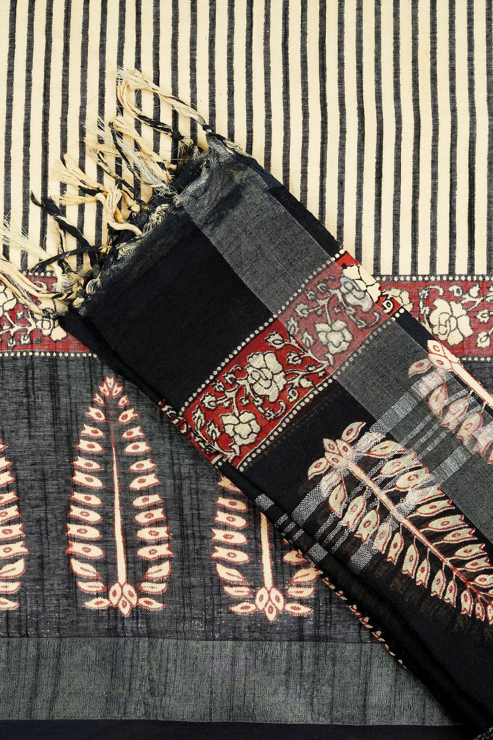 Teejh Mohenyaa Beige & Black Hand Blockprint Saree