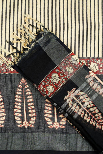 Teejh Mohenyaa Beige & Black Hand Blockprint Saree