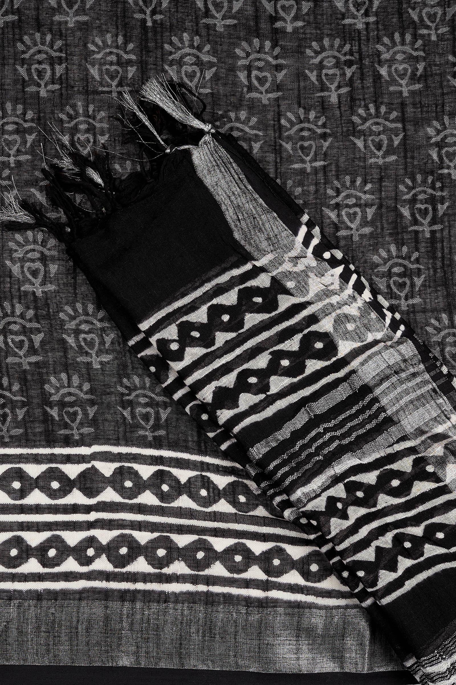 Teejh Kanvani Black Hand Blockprint Saree