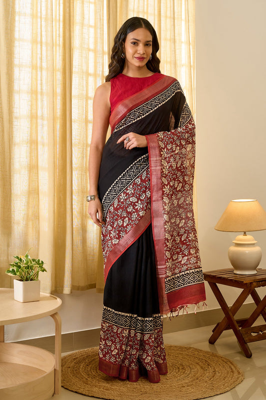Teejh Sharika Black & Red Hand Blockprint Saree