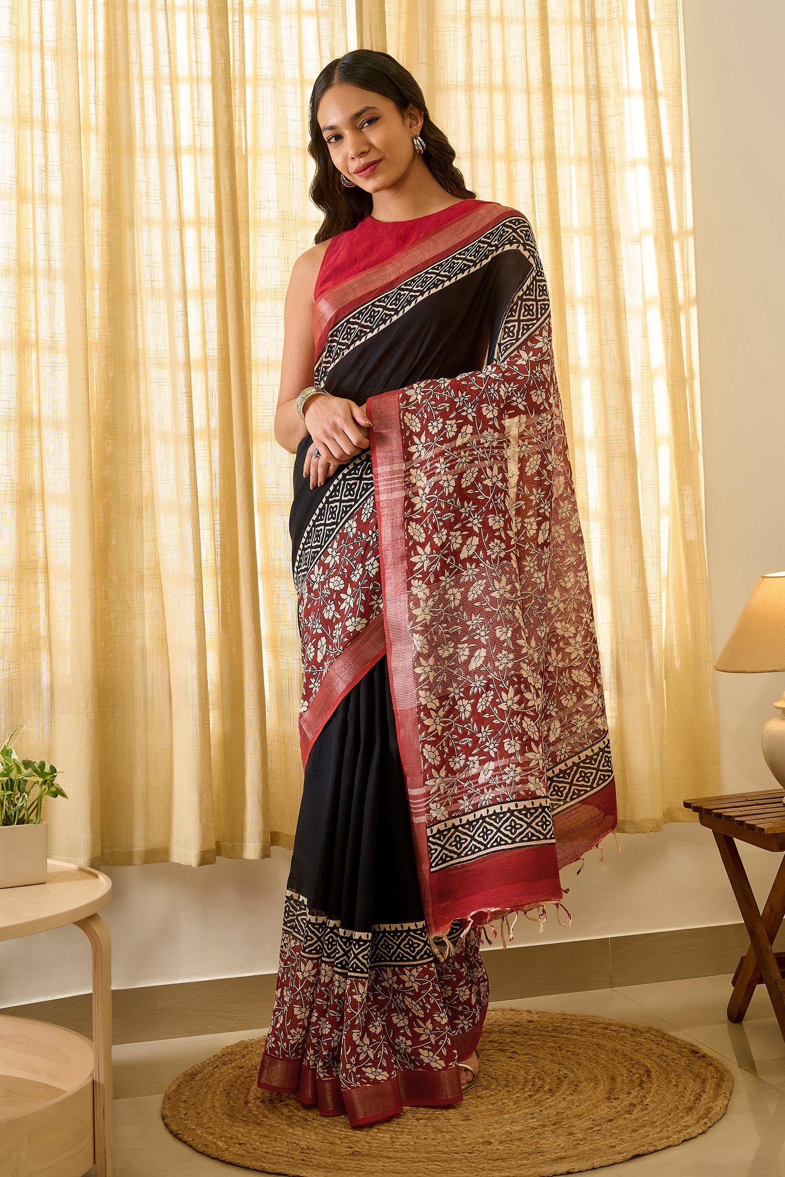 Teejh Sharika Black & Red Hand Blockprint Saree