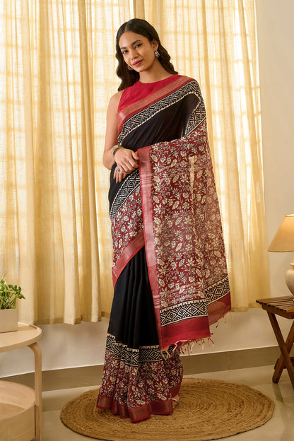 Teejh Sharika Black & Red Hand Blockprint Saree