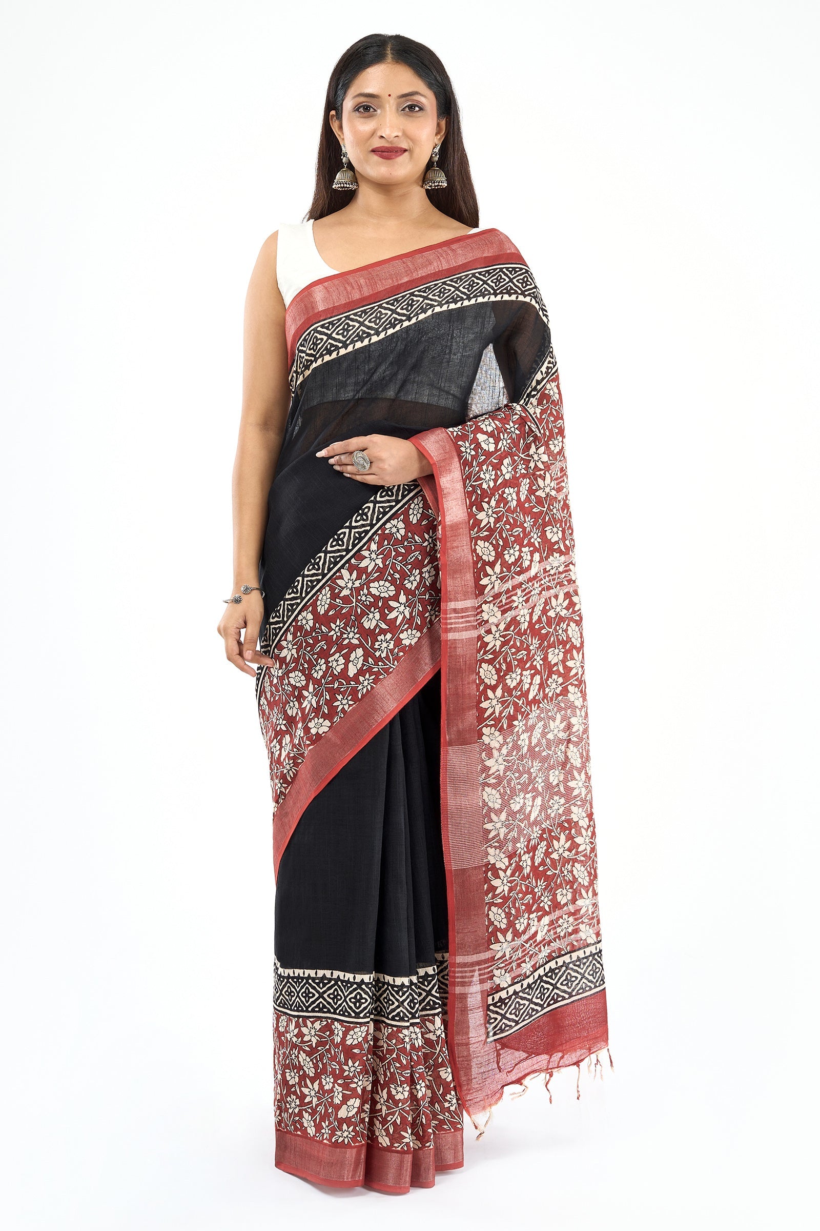 Teejh Sharika Black & Red Hand Blockprint Saree