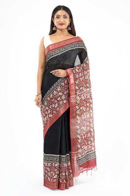 Teejh Sharika Black & Red Hand Blockprint Saree