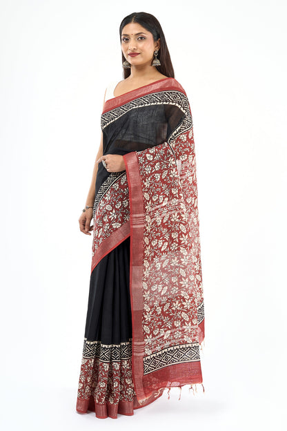 Teejh Sharika Black & Red Hand Blockprint Saree