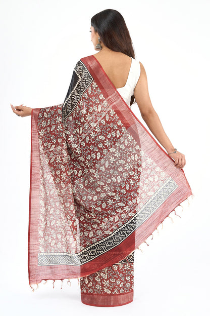Teejh Sharika Black & Red Hand Blockprint Saree