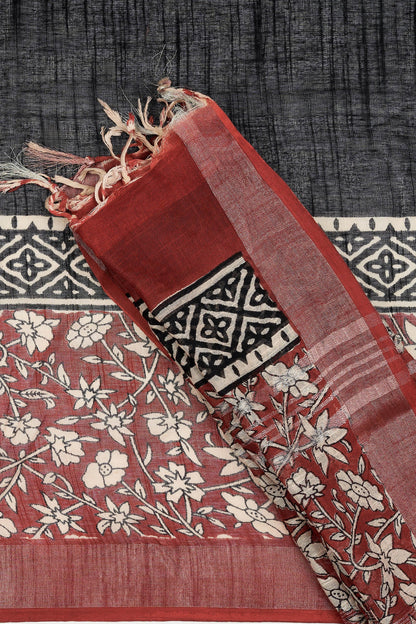 Teejh Sharika Black & Red Hand Blockprint Saree