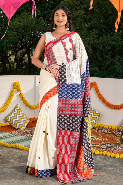 Rasvani Off White Applique & Mirror Work Saree