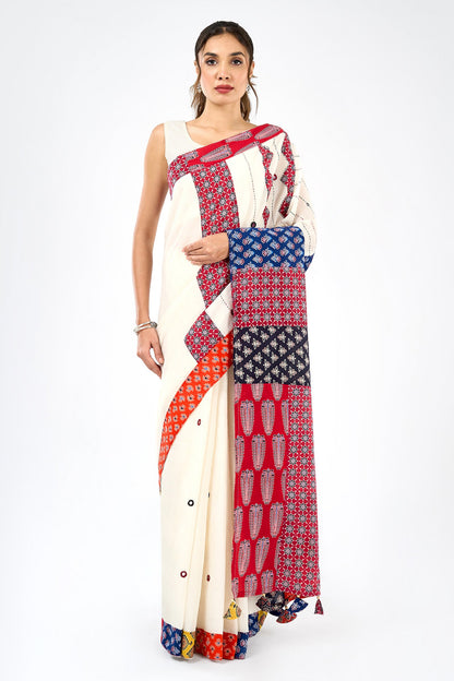 Rasvani Off White Applique & Mirror Work Saree