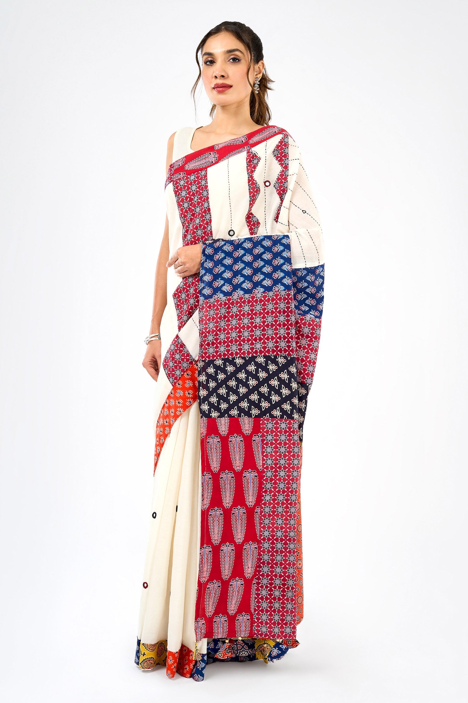 Rasvani Off White Applique & Mirror Work Saree