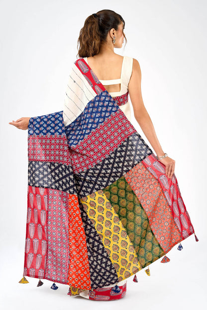 Rasvani Off White Applique & Mirror Work Saree
