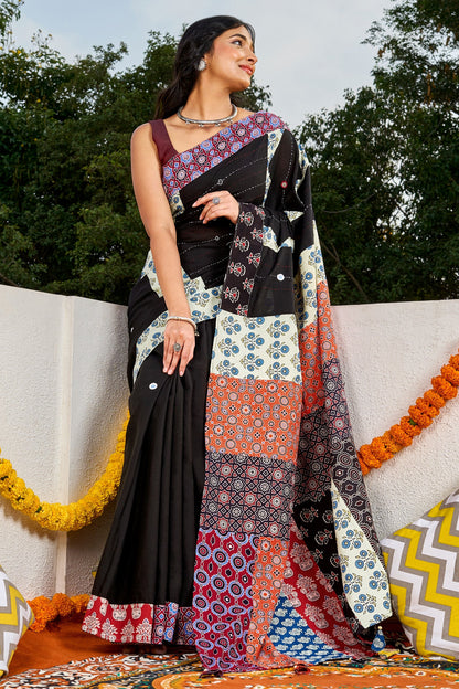 Tejika Black Applique & Mirror Work Saree