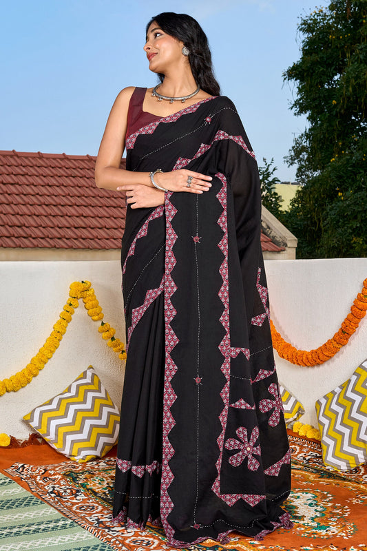 Dyutima Black Applique & Mirror Work Saree
