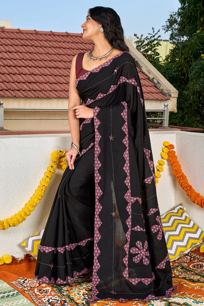 Dyutima Black Applique & Mirror Work Saree