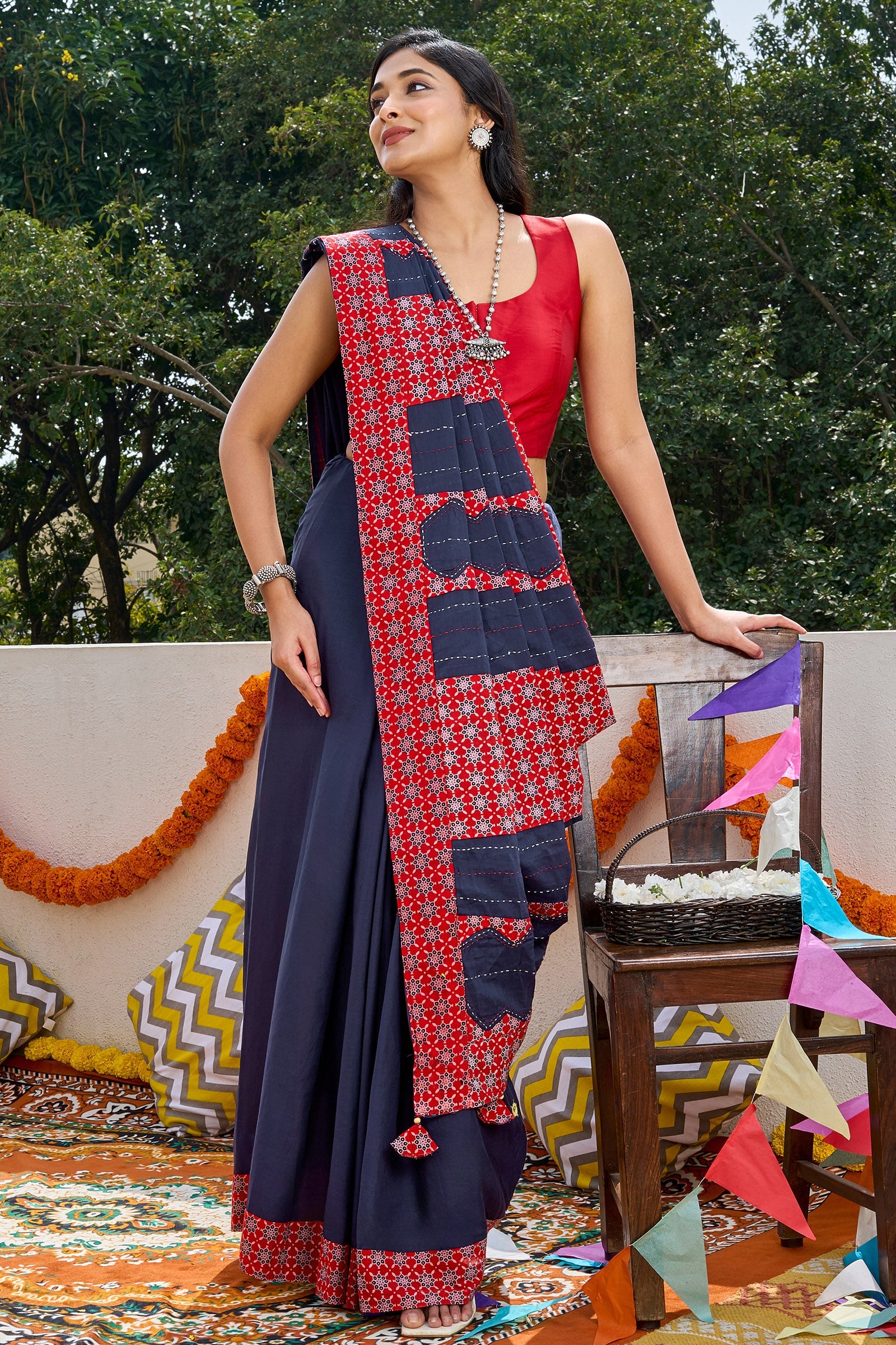 Nakshira Deep Blue Applique & Mirror Work Saree
