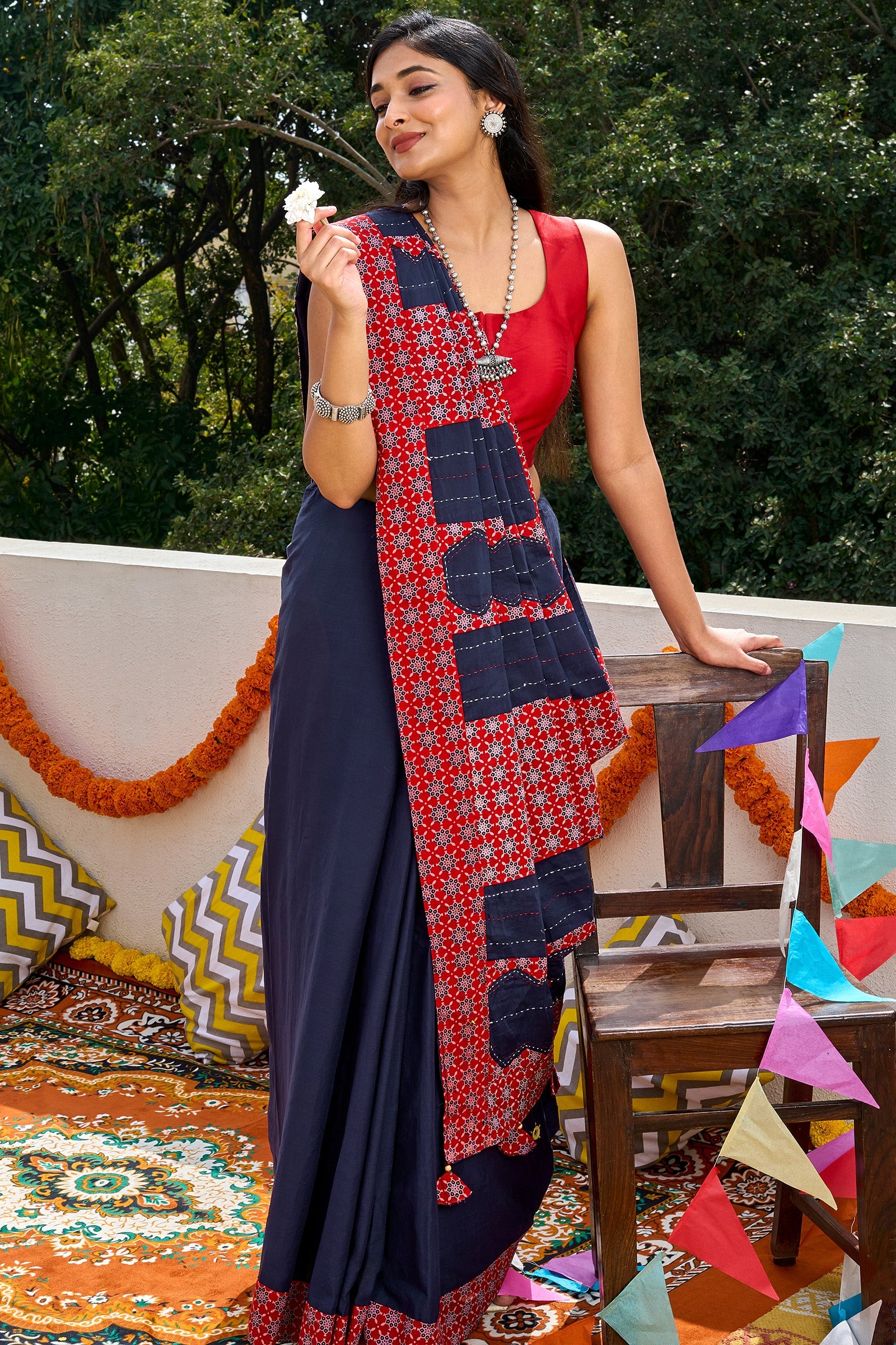 Nakshira Deep Blue Applique & Mirror Work Saree