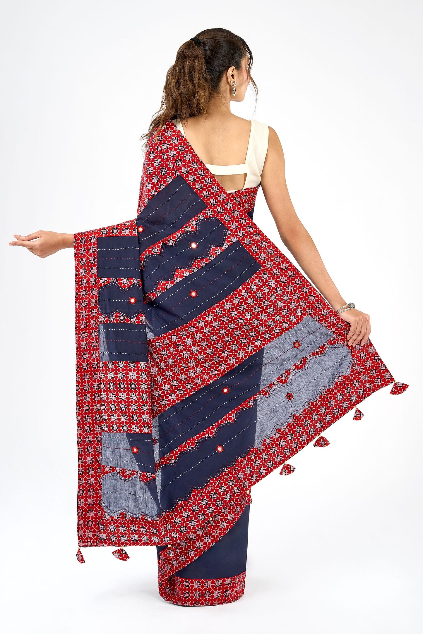 Nakshira Deep Blue Applique & Mirror Work Saree