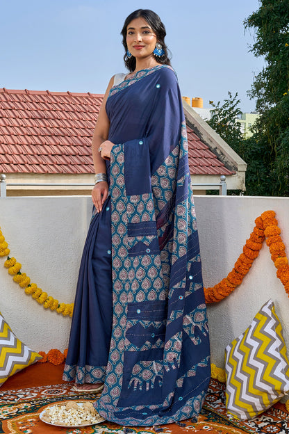 Yajnita Deep Blue Applique & Mirror Work Saree