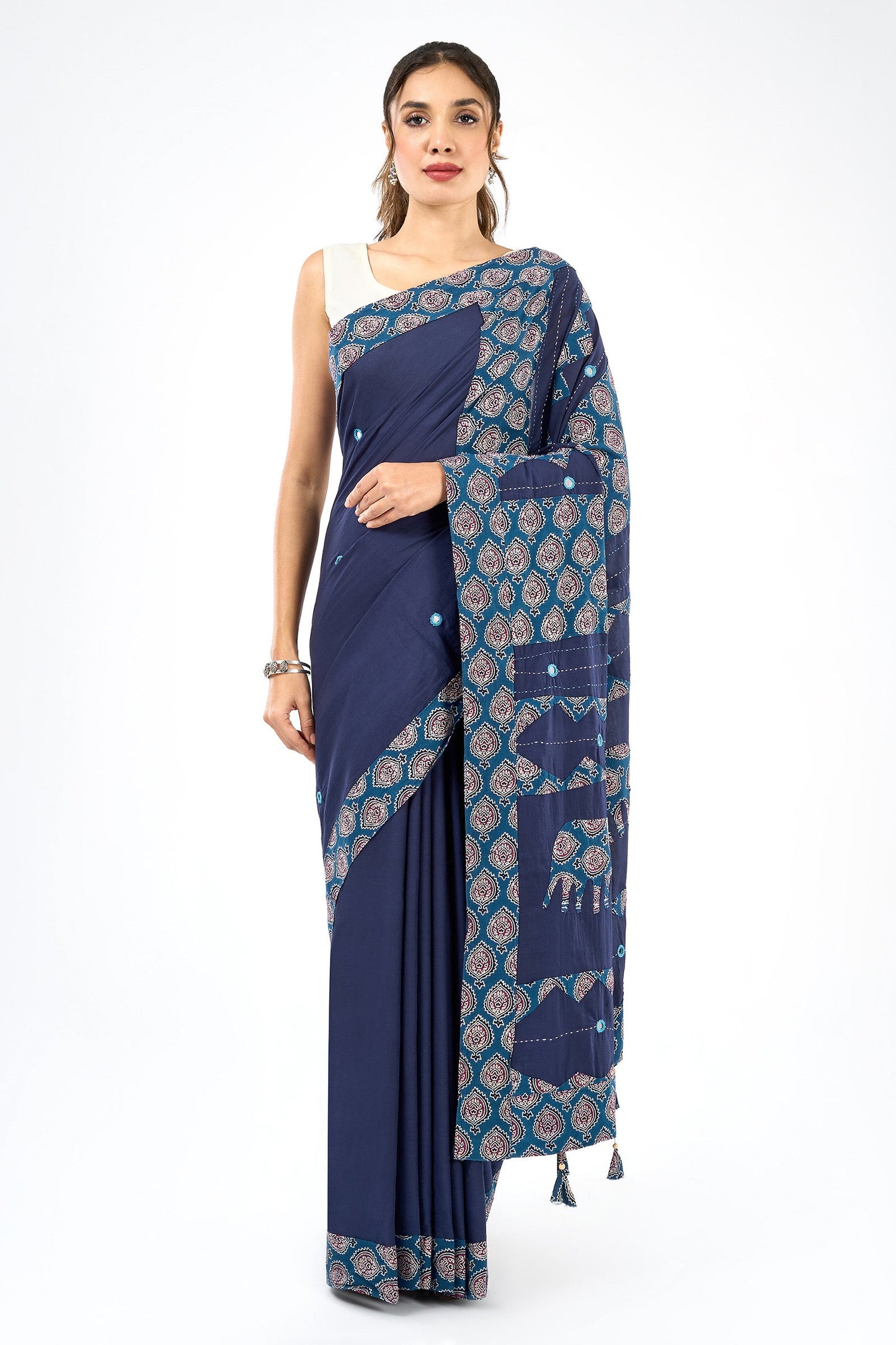 Yajnita Deep Blue Applique & Mirror Work Saree