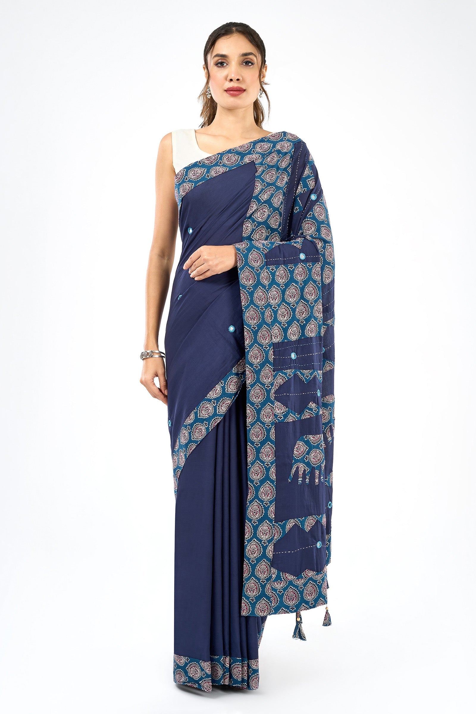 Yajnita Deep Blue Applique & Mirror Work Saree