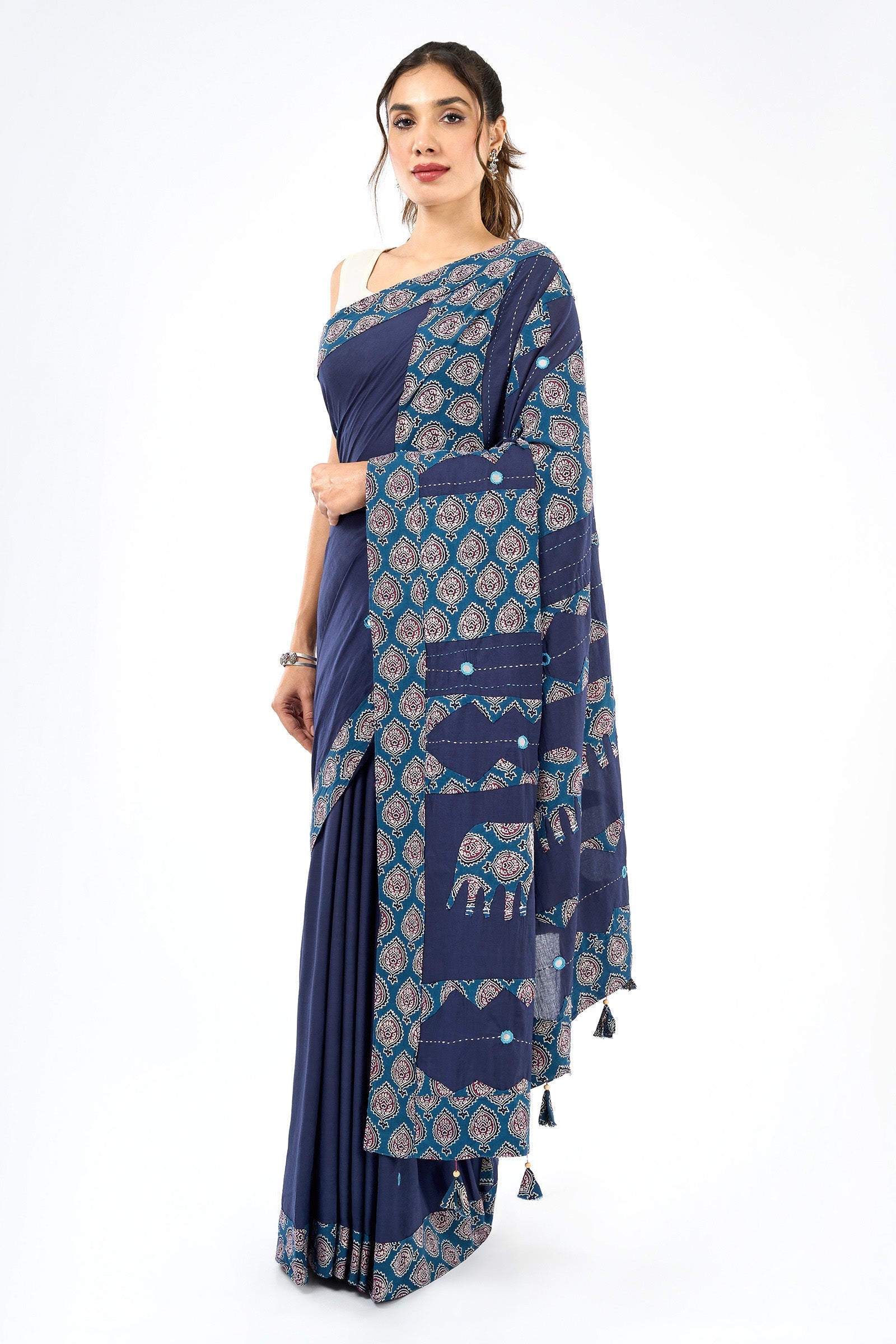 Yajnita Deep Blue Applique & Mirror Work Saree