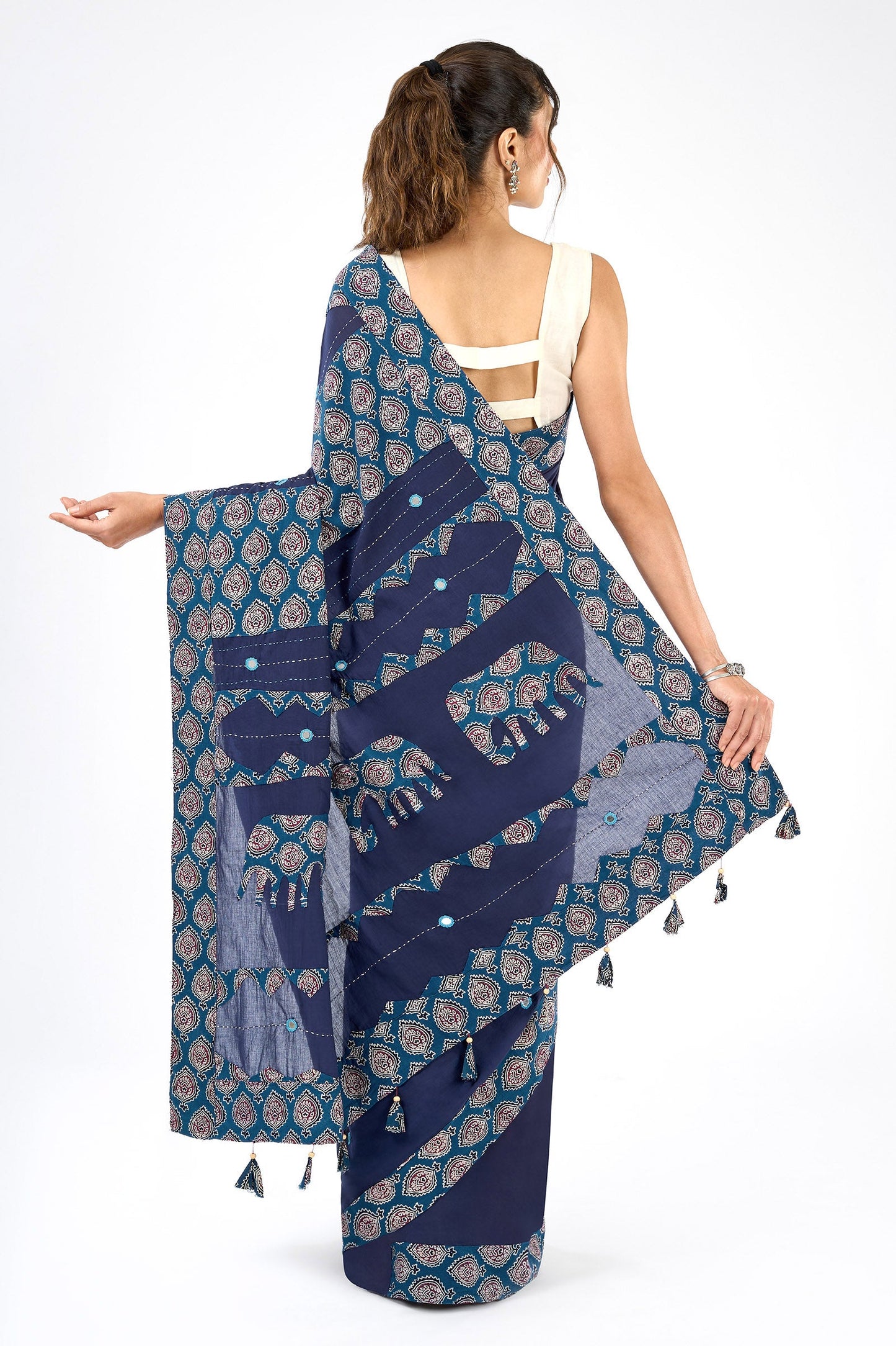 Yajnita Deep Blue Applique & Mirror Work Saree