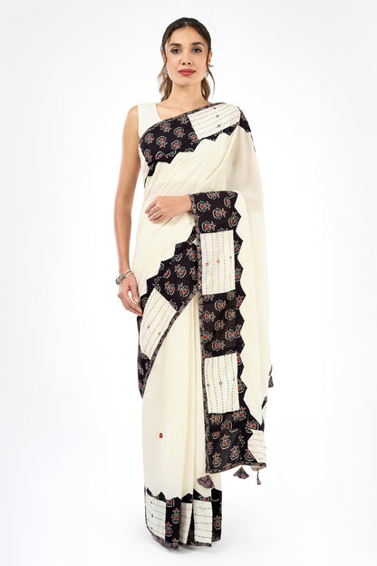 Kalvani Off White Applique & Mirror Work Saree