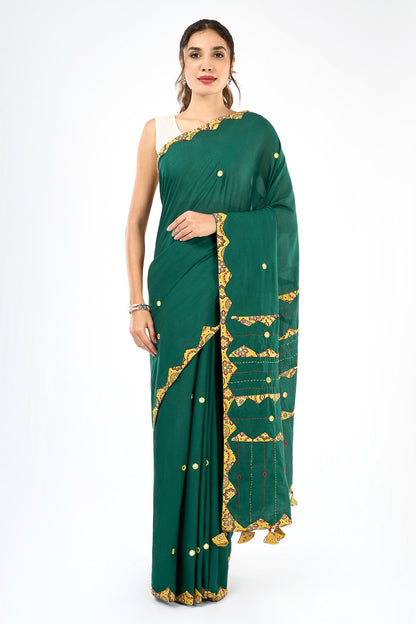 Haruniya Deep Green & Yellow Applique & Mirror Work Saree