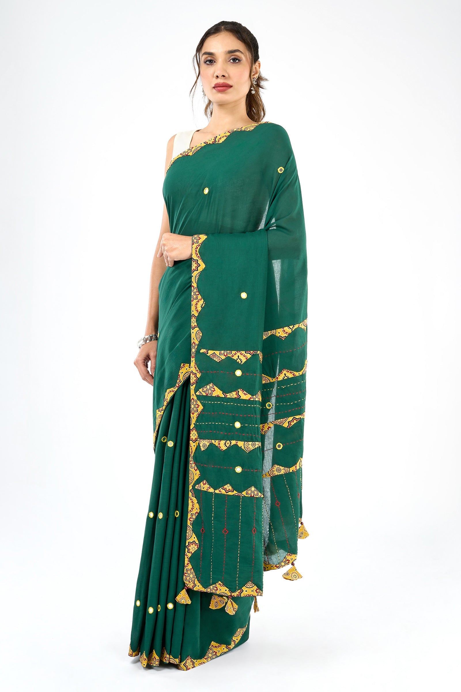 Haruniya Deep Green & Yellow Applique & Mirror Work Saree